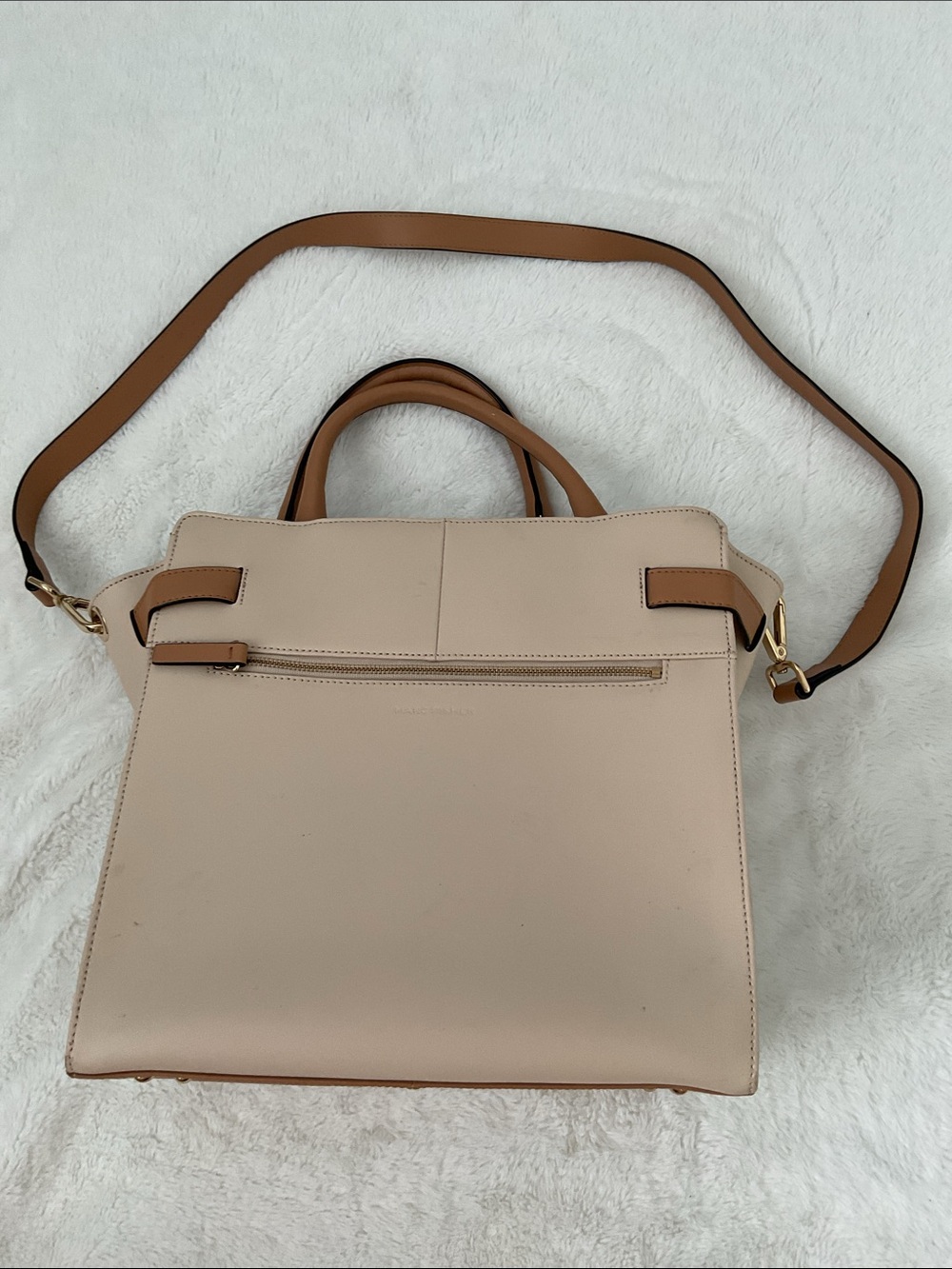 Marc Fisher Structured Two-Tone Tote Bag with Belt Detail Beige & Brown preowned - Picture 3 of 9